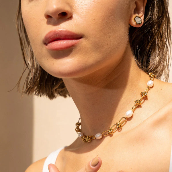Knot and Pearls Necklace Gold Plated 18K