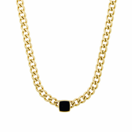Square Onyx Stone Chain Necklace Gold Plated 18K