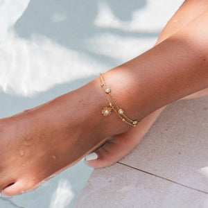 Double Floral Pearl Anklet Gold Plated 18K