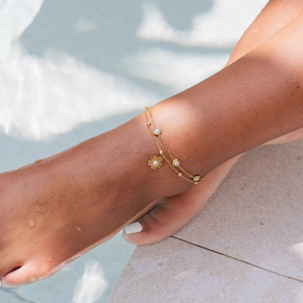 Double Floral Pearl Anklet Gold Plated 18K
