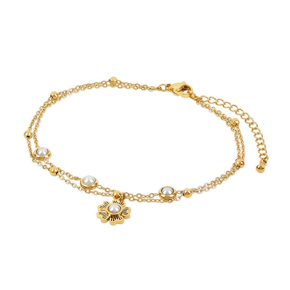 Double Floral Pearl Anklet Gold Plated 18K