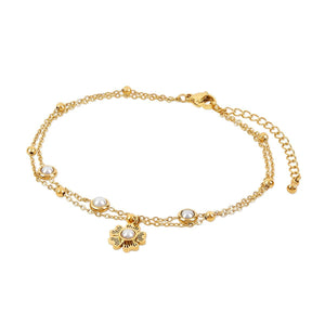 Double Floral Pearl Anklet Gold Plated 18K